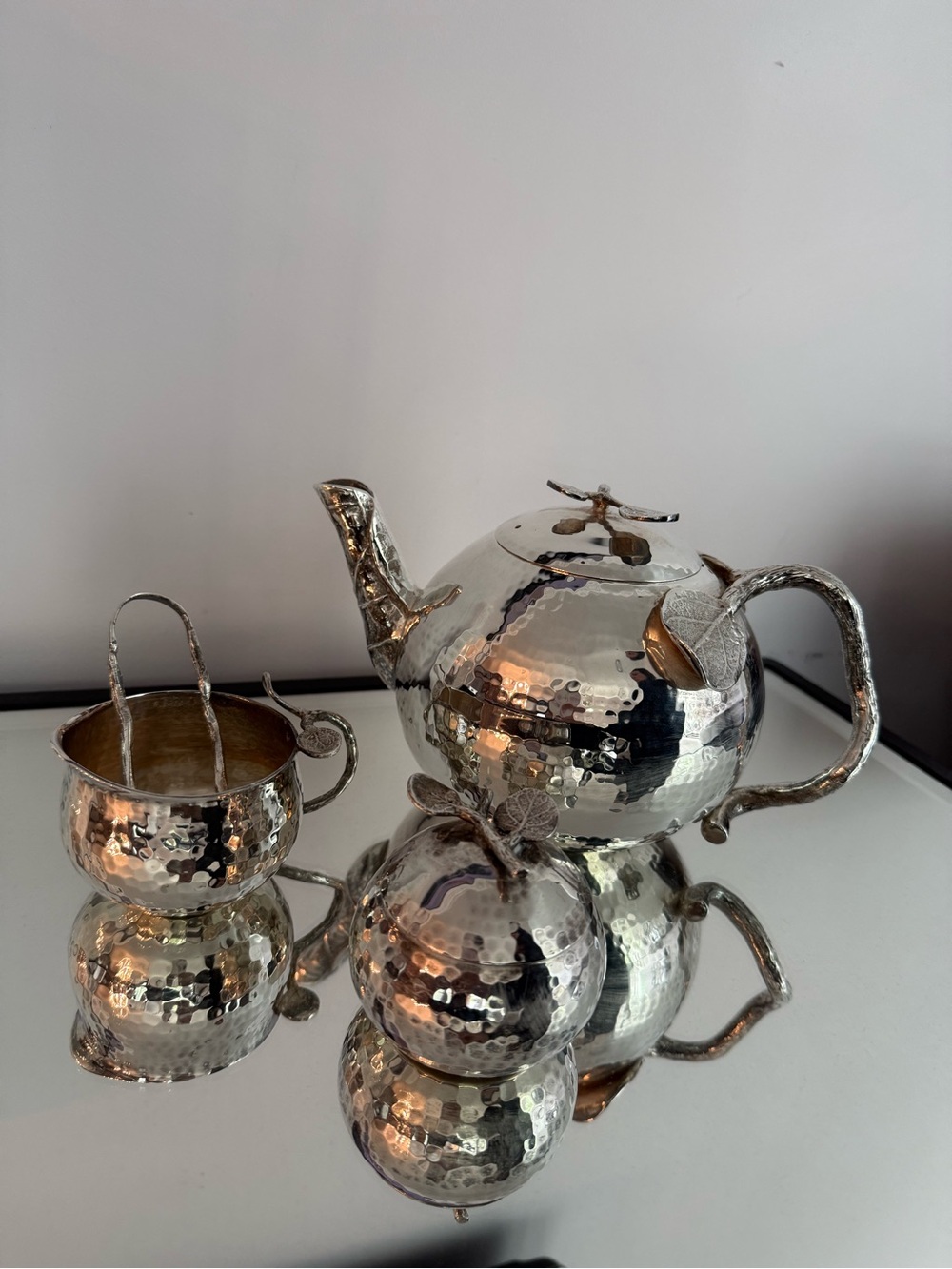 Michael Aram Leaf Silver Hammered Teapot Set with Sugar Bowl, Milk Pourer, Tray